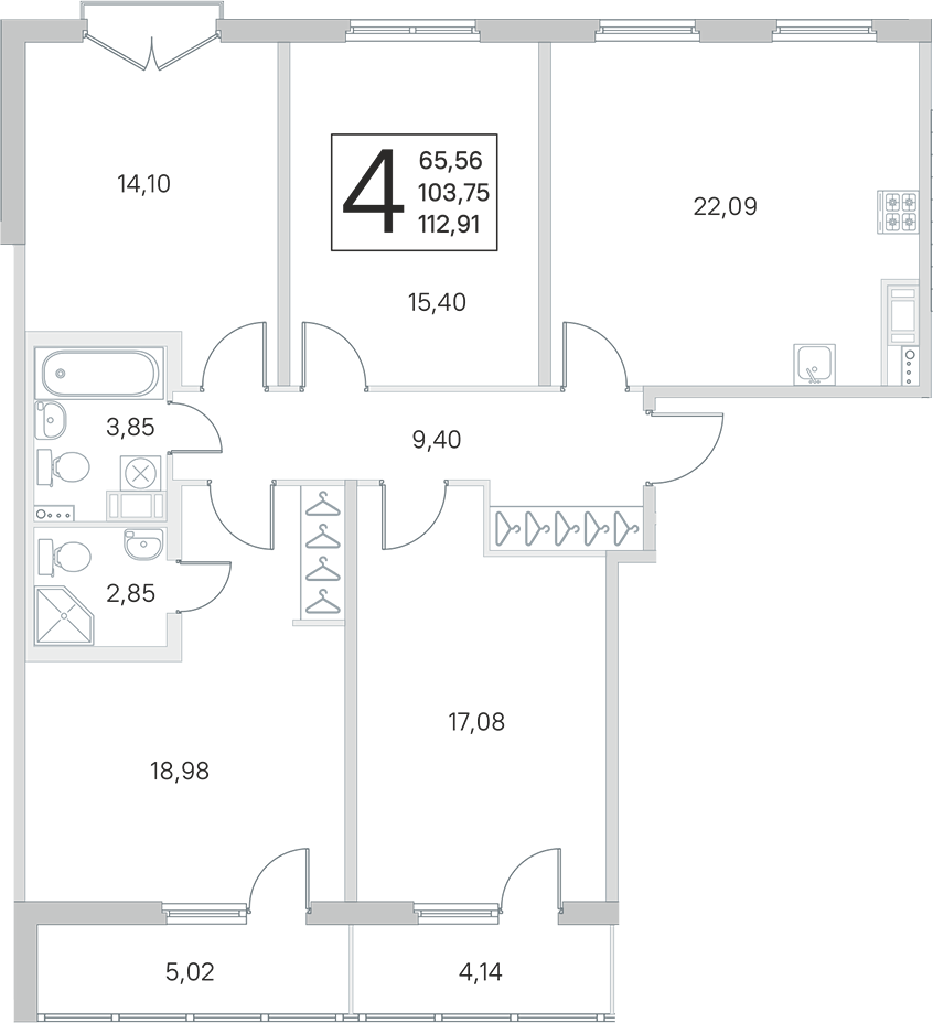 4-комнатная квартира 103.75 м², 4/4 эт., ЖК «Любоград в Стрельне»